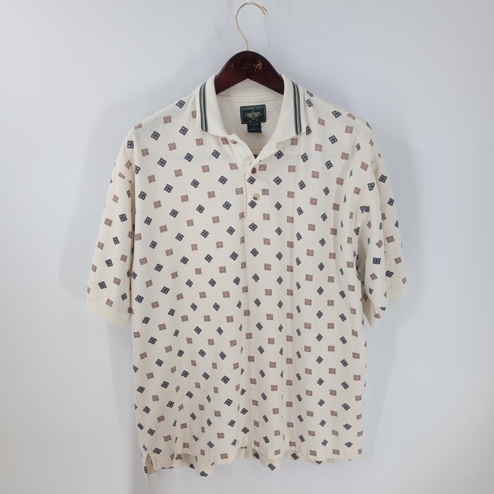 Vtg Dockers Golf Geometric Motif Short Sleeve Performance Polo‎ Shirt Ivory Sz L